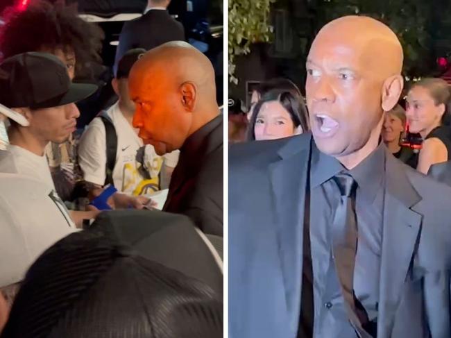 Denzel Washington has heated exchange with fan at event in New York.