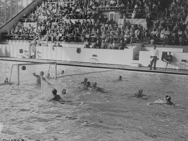 The Olympic pool used for a water polo match during the 1956 Games.