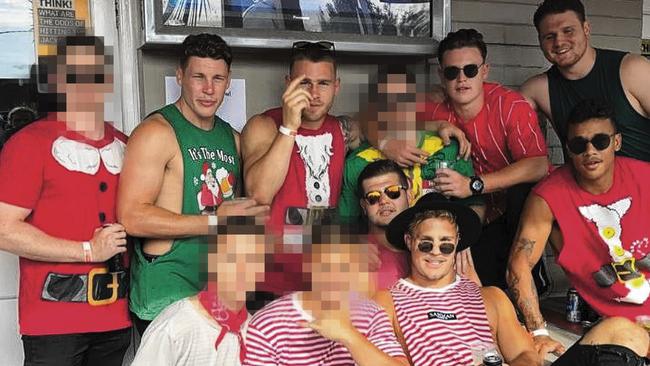 Jack de Belin (front in hat) with Dragons teammates Kurt Mann, Euan Aitken, Jai Field, Lachlan Timm, Blake Lawrie, and Tristan Sailor at the North Wollongong Hotel on Sunday. There’s no suggestion of wrongdoing on the part of anyone else pictured. Picture: Instagram/@tristansailor