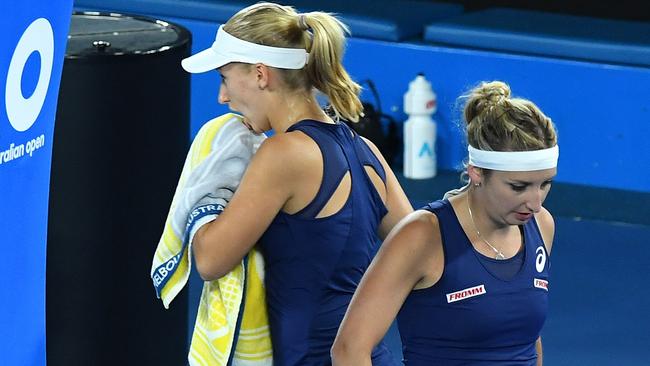 No, you’re not drunk people ... Daria Gavrilova and Timea Bacsinszky are rocking the same gear. Picture: AAP