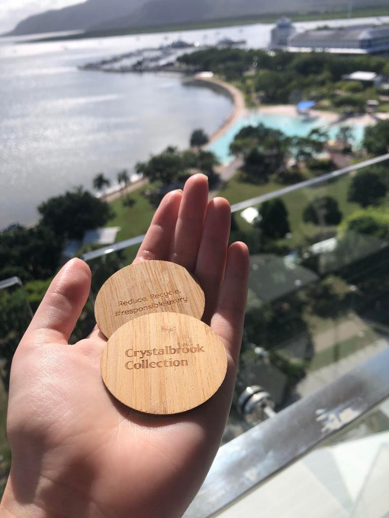 The view from a Crystalbrook Flynn suite. Pictured are the eco-friendly keys the hotel issues.