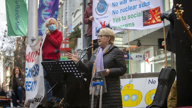 Senator Barbara Pocock, from the Greens, speaks at the rally at Rundle Mall, King William St. Picture NCA NewsWire / Emma Brasier