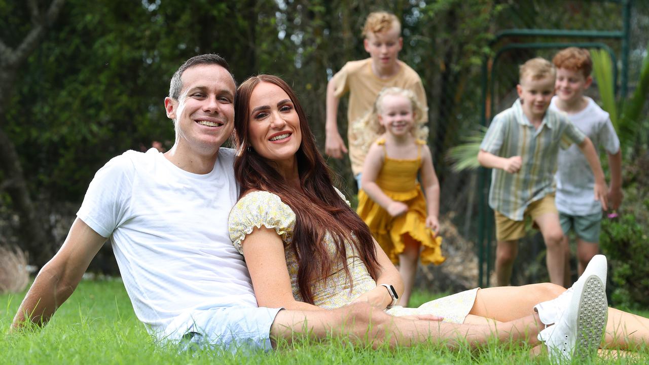 Adam Freeman, 38, at home with his wife Amy, 35, and four kids Blake, 12, Mikayla, 4, Charlie, 6, and Luca, 8. Picture: Liam Kidston