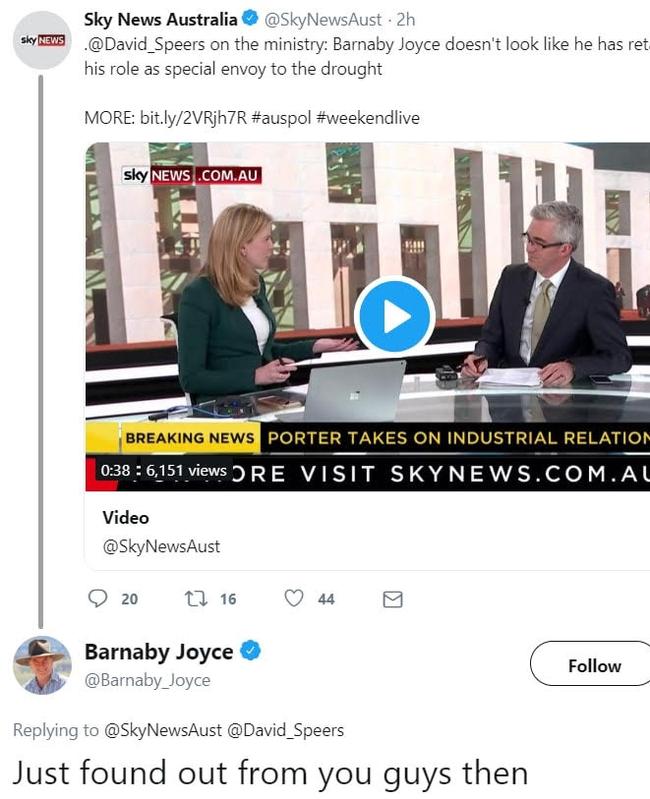 Barnaby Joyce finds out from Sky he’s apparently not named in Morrison's cabinet.