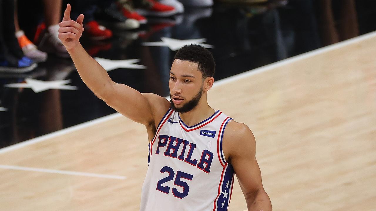 ATLANTA, GEORGIA - JUNE 14: Ben Simmons #25 of the Philadelphia 76ers calls out to his teammates against the Atlanta Hawks during the first half of game 4 of the Eastern Conference Semifinals at State Farm Arena on June 14, 2021 in Atlanta, Georgia. NOTE TO USER: User expressly acknowledges and agrees that, by downloading and or using this photograph, User is consenting to the terms and conditions of the Getty Images License Agreement. Kevin C. Cox/Getty Images/AFP == FOR NEWSPAPERS, INTERNET, TELCOS &amp; TELEVISION USE ONLY ==
