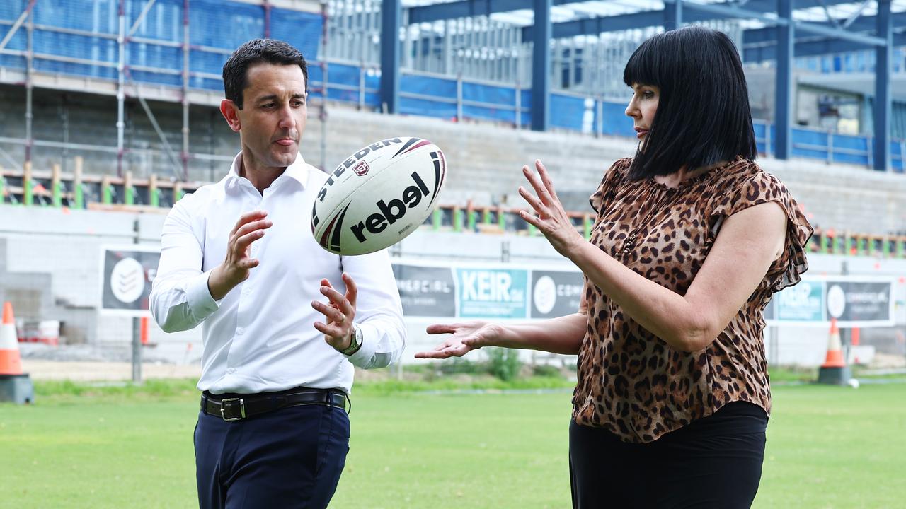 Queensland Opposition Leader David Crisafulli offloads to LNP candidate for Cairns, Yolonde Entsch at Stan Williams Park in Manunda. The Cairns Brothers' home ground is currently undergoing a multi-million dollar redevelopment. Picture: Brendan Radke