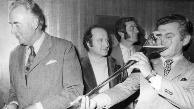 Bob Hawke drinking a yard of ale at the official opening of the Bob Hawke Hotel in 1974.