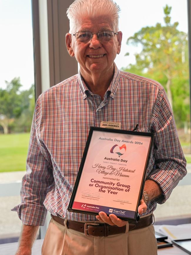John Anderson of the Hervey Bay Historical Village Museum receives the Community Group of the Year award at the Fraser Coast Australia Day Awards at the Hervey Bay Regional Gallery on January 19, 2024.