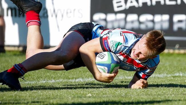 Southern Districts young gun Cooper Chambers going over for his first try. Pic: Karen Watson.