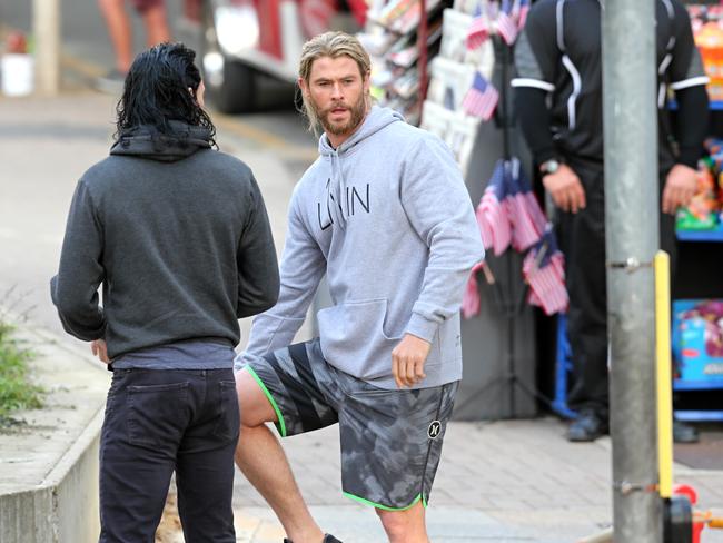 Actors Tom Hiddleston and Chris Hemsworth on the production set of Thor in Brisbane. Pictures: Jack Tran