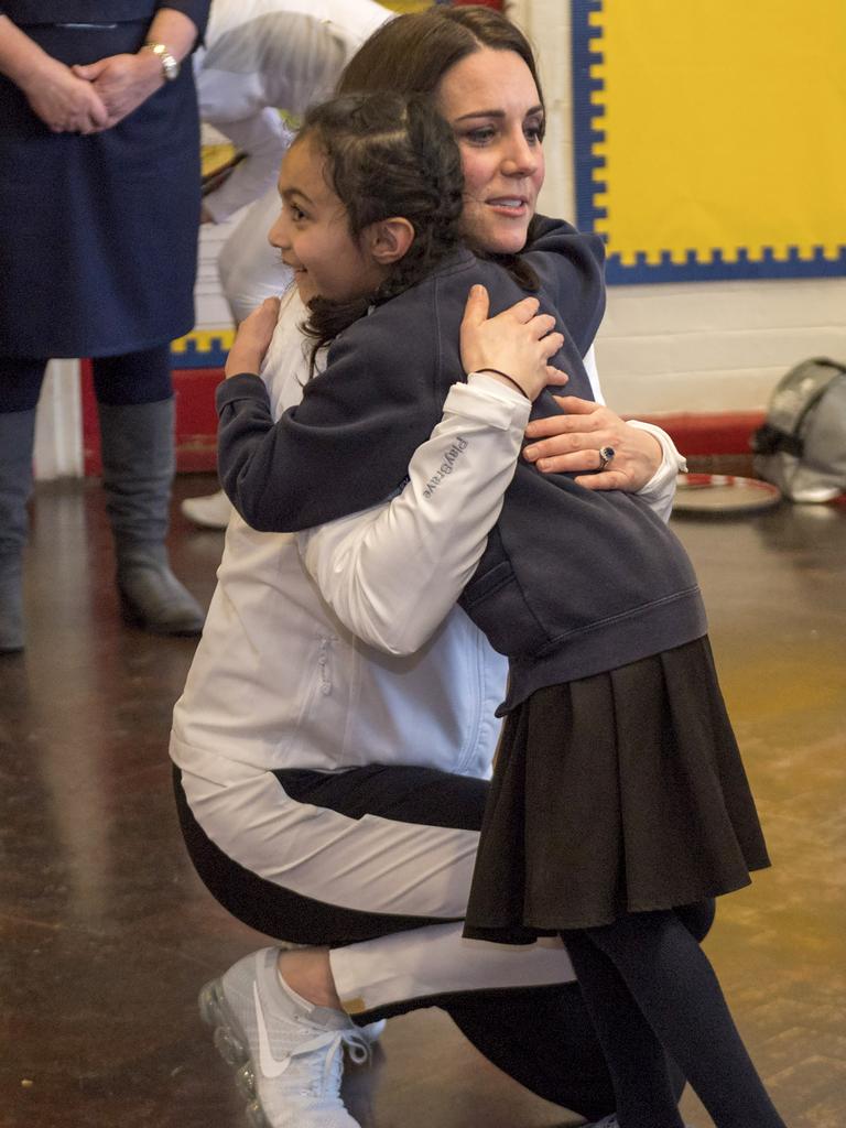 Royal rivalry: How Kate and Meghan are vying to be the next ‘People’s Princess’. Catherine, Duchess of Cambridge visits the Bond Primary School to see the work of the Wimbledon Junior Tennis Initiative in Mitcham, south west London on January 17, 2018. Picture: AFP