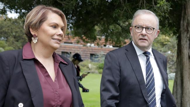 Dorinda Cox with Anthony Albanese at Kings Park, Perth, on Monday. Picture: NewsWire / Philip Gostelow