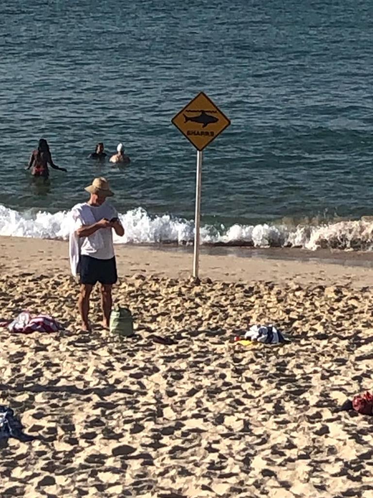 A shark warning sign at Bondi on Thursday morning. Picture: Nick Hansen