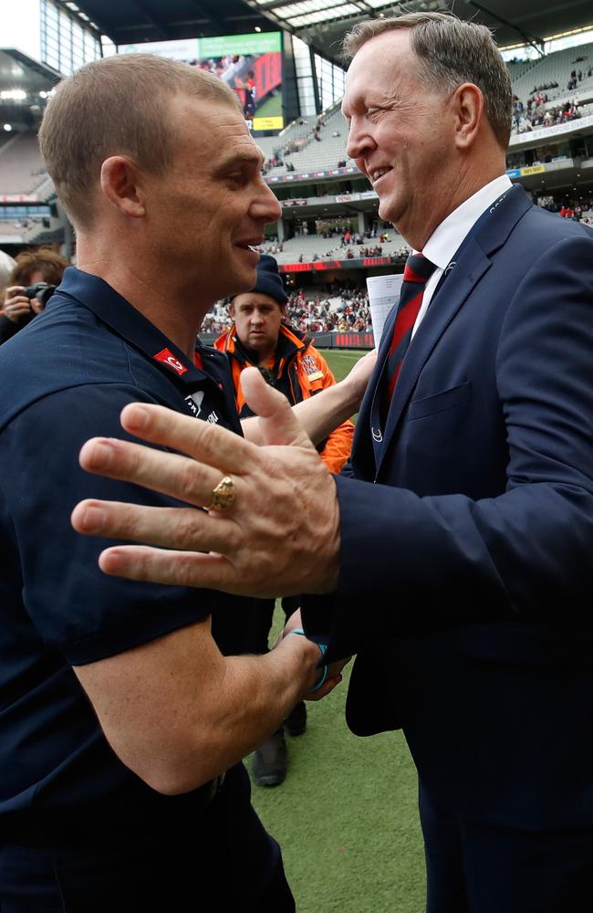 Glen Bartlett with Melbourne coach Simon Goodwin in 2017. Picture: AFL Media