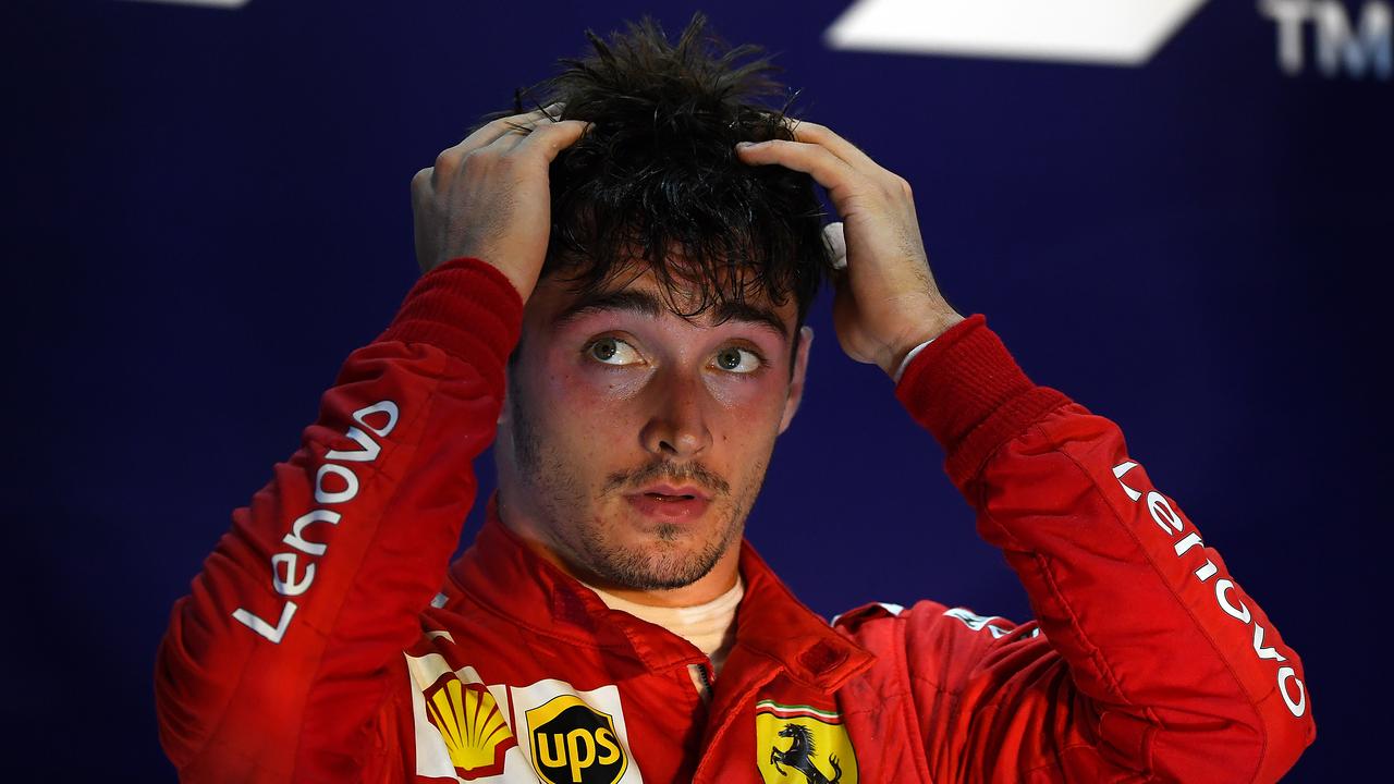 Charles Leclerc on the podium after the race in Singapore. Picture: Clive Mason