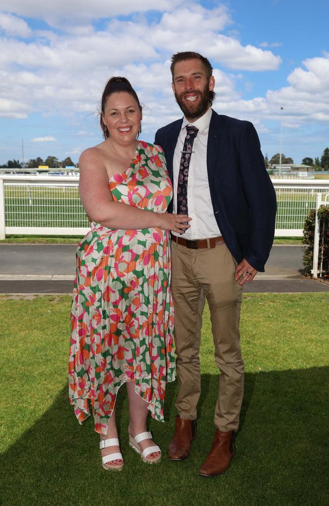 MELBOURNE, AUSTRALIA – OCTOBER 16 2024 Lauren and Andrew at the Caulfield Social race day at Caulfield racecourse on Wednesday 16th October, 2024 Picture: Brendan Beckett