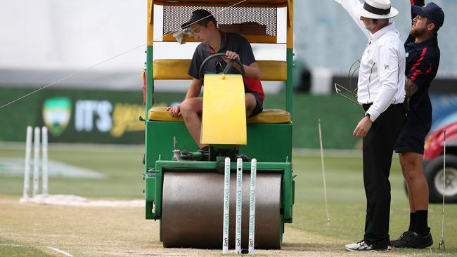 The MCG pitch gets rolled before the start of play. Pic: Michael Klein