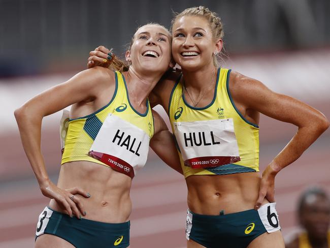 Tokyo 2020 Olympic Games Day 14. 06/08/21.  Athletics finals and semifinals at the Tokyo Olympic Stadium in Tokyo, Japan. Australias Linden Hall and Jessica Hull after the final of the Womens 1500m.  Picture: Alex Coppel.