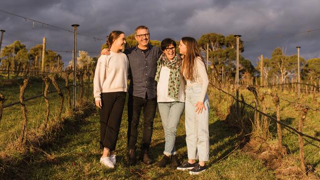 Marcus Satchell and Lisa Sartori with daughters Ruby and Ava at their Inverloch winery, Dirty Three Wines.