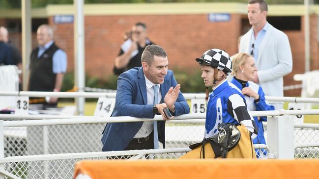 Lucas Miller chats to Jason Collett, who rode Kris Lees trained Sixties Groove to victory the $200,000 Iron Jack Grafton Cup (2350m) at Clarence River Jockey Club on Thursday, 9th July, 2020.