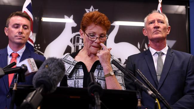 Queensland Senator and One Nation leader Pauline Hanson (centre), flanked by party officials James Ashby (left) and Steve Dickson. Picture: Dan Peled