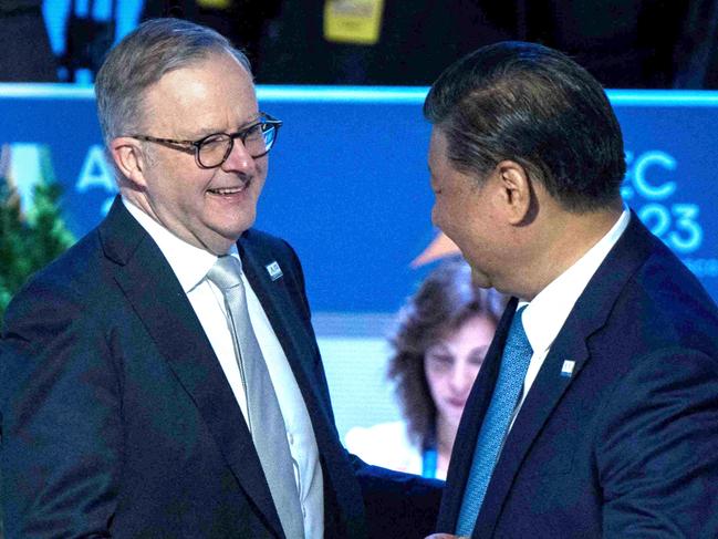 Albanese said nothing to President Xi, even when they met face-to-face at an APEC meeting, where Albanese shook Xi’s hand with a fawning grin. Picture: Getty Images