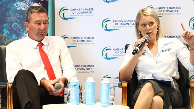 The Labor party's Member for Barron River Craig Crawford and LNP candidate Bree James go head to head during a Q&A session at the 2024 Meet the Candidates: State Election Forum Lunch, hosted by the Cairns Chamber of Commerce and Tourism Tropical North Queensland at the Pullman Reef Hotel Casino. Picture: Brendan Radke