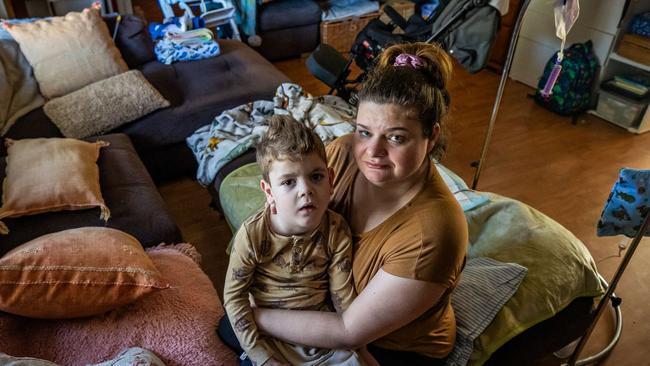 Katie Fattel with son Cassian, who is severely disabled and requires constant access to life support equipment. Picture: Tom Huntley