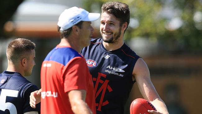 Paul Roos and Jesse Hogan share a laugh. Picture: Wayne Ludbey