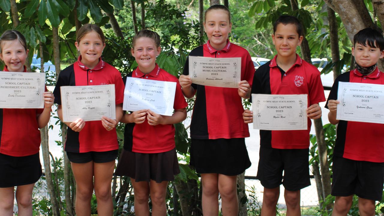 Gympie West State School captains 2023 (from left) Emily Devereaux, Abby Rogers, Sullivan Cook, Brianna Albrecht, Ryder Reid and Yukinori Green.