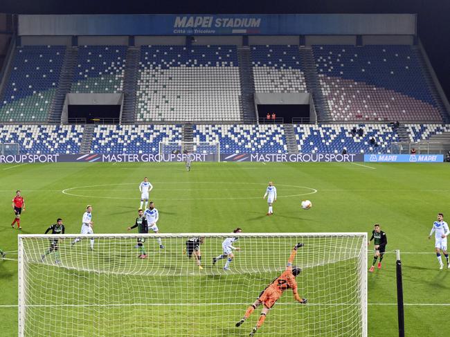 A view of the empty stands at the Mapei stadium as the Serie A soccer match between Sassuolo and Brescia played behind closed doors, in Reggio Emilia. Picture: Massimo Paolone/LaPresse via AP