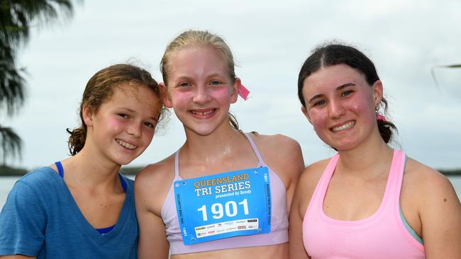 ,Isabella Harte, middle, at today’s Queensland Tri Series at Calounda with .Lottie Nehill and Lani McWilliam.