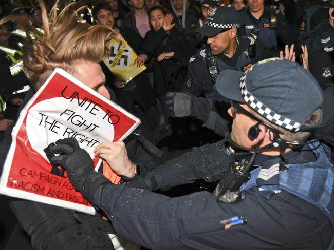 Protesters clash with police outside of a Nigel Farage speaking function in Melbourne earlier this month. Picture: William West/AFP