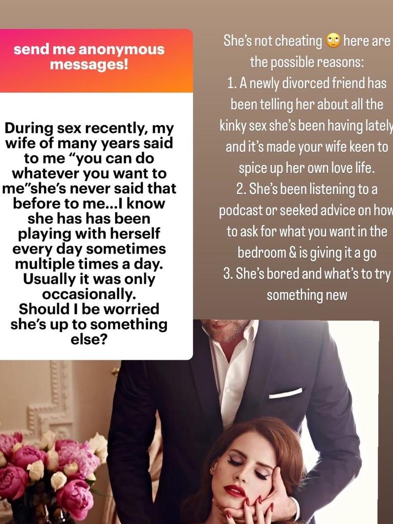 Jana Hocking received this DM about why a wife was becoming more adventurous. Picture: Instagram