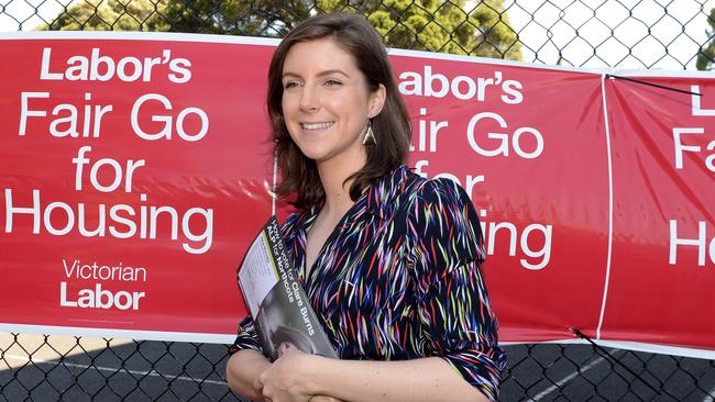 Labor candidate Clare Burns at a polling station.