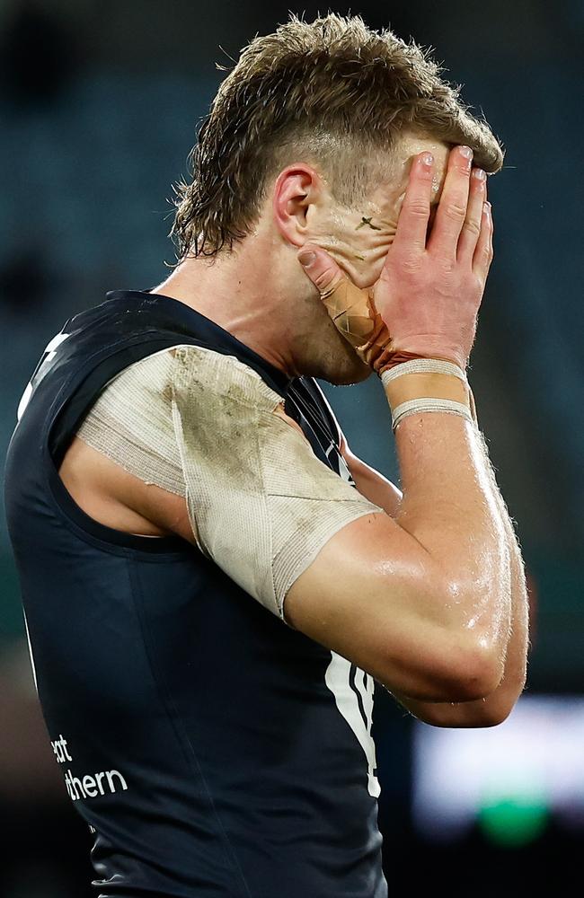 Patrick Cripps looks dejected after the Blues’ loss to the Power. Picture: Getty Images