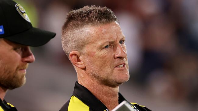 ADELAIDE, AUSTRALIA - APRIL 16: Damien Hardwick, Senior Coach of the Tigers during the 2022 AFL Round 05 match between the Adelaide Crows and the Richmond Tigers at Adelaide Oval on April 16, 2022 In Adelaide, Australia. (Photo by James Elsby/AFL Photos via Getty Images)