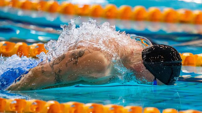 Cody Simpson on his way to a win in the 100m butterfly at the Queensland State championships at Chandler.