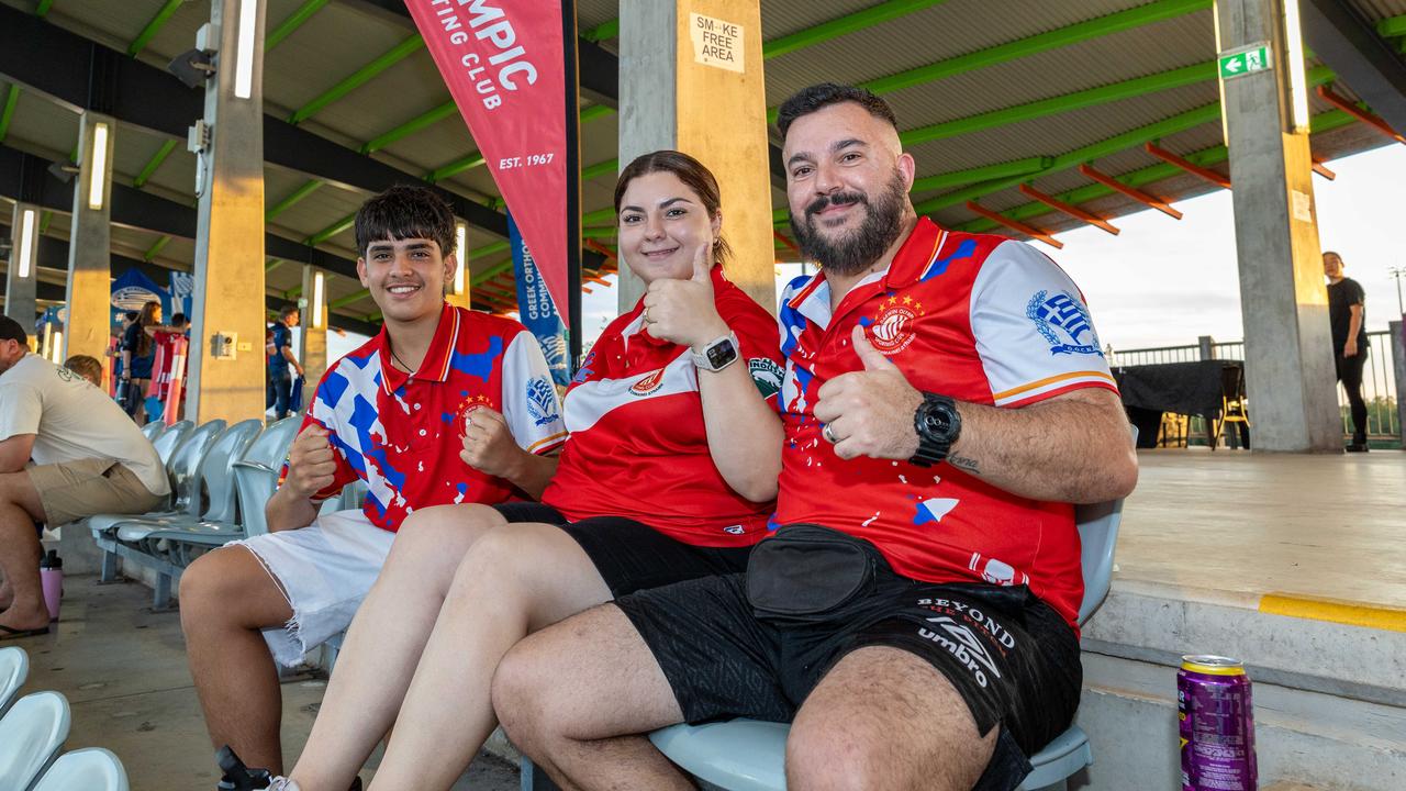 Katerina Kortesis, Chris Zagorianos and Petros Gialamas at the fifth annual GleNTi Cup between Hellenic AC and Darwin Olympic SC, June 3, 2025. Picture: Pema Tamang Pakhrin