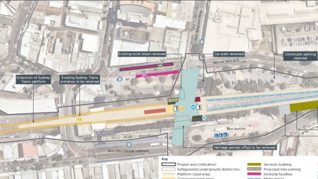 A big public plaza (in blue) will be incorporated into plans for Bankstown Metro station.