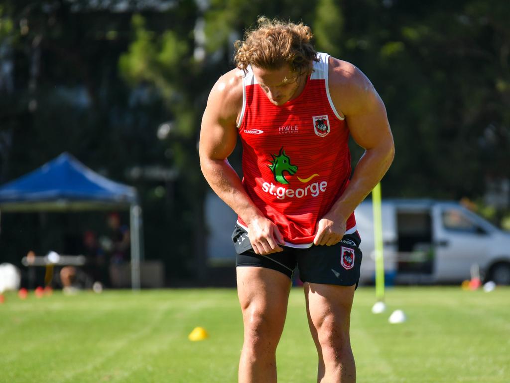 New recruit George Burgess sucks in the big ones during pre-season training. Pictures: St George Illawarra