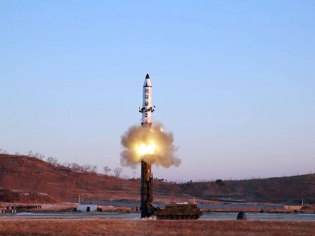 The launch of a surface-to-surface medium long-range ballistic missile Pukguksong-2 at an undisclosed North Korean location on February 13. Picture: KCNA