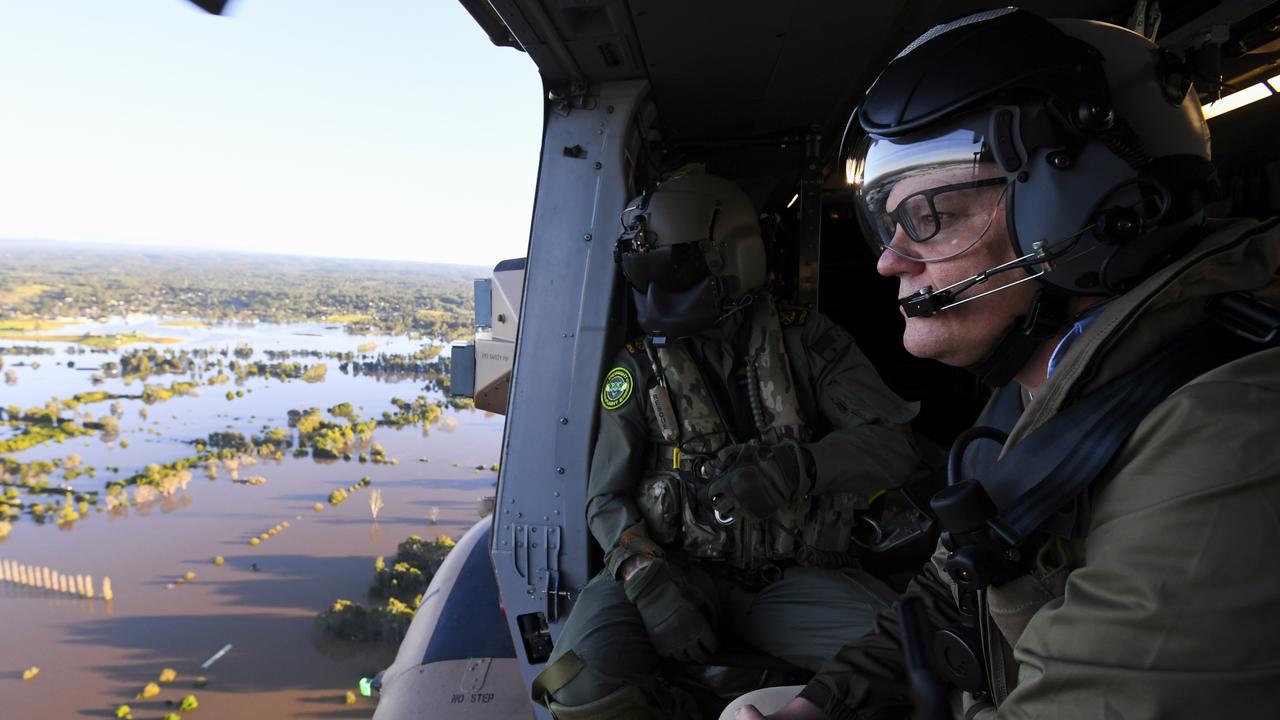 Prime Minister Scott Morrison inspected damage to flood affected areas in Sydney via helicopter. Picture: AAP