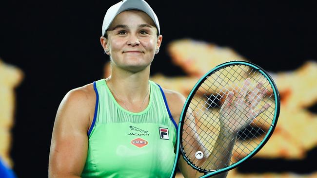 Australia's Ash Barty celebrates her victory against Ukraine's Lesia Tsurenko on day one of the Australian Open.