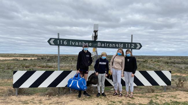 Boarding school students Liam Butler, Ollie Fitzgerald, Skye Fitzgerald and Larah Butler, from Balranald Shire in NSW, attend boarding school in Victoria. Students who live outside the border bubble in NSW will not be allowed to return to boarding school in Victoria without hotel quarantine unless a permit solution is agreed. Picture: Supplied