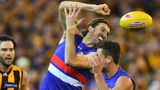 Marcus Bontempelli fires off a handball against the Hawks last week. Picture: Getty Images