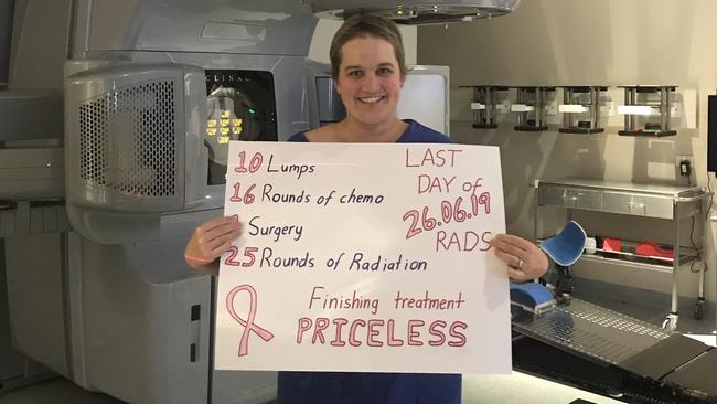 Tannum Sands mother Jess Smith celebrates completing radiation treatment. After battling breast cancer Mrs Smith has organised the Mother's Day Classic at Tannum Sands. Picture: contributed.