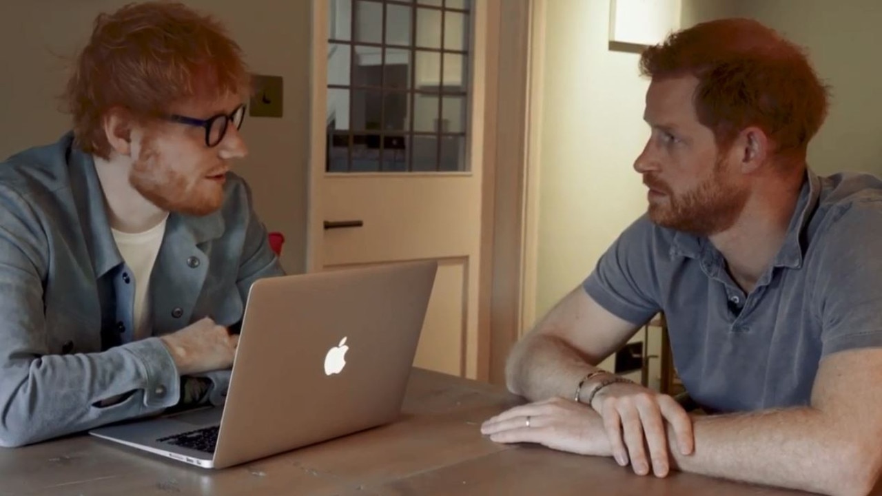 Prince Harry and Ed Sheeran sit in Princess Eugenie’s dining room. Picture: Instagram/SussexRoyal