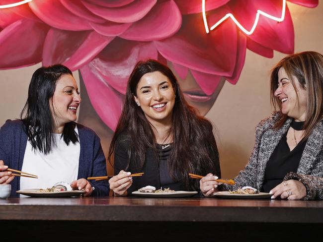 WEEKEND TELEGRAPHS- 26/8/22  MUST CHECK WITH PIC EDITOR JEFF DARMANIN BEFORE USING - Diners at LILYMU restaurant in Parramatta (L to R) Michelle Abibadra, Selena Jumaah and Raghida Younes.  Picture: Sam Ruttyn