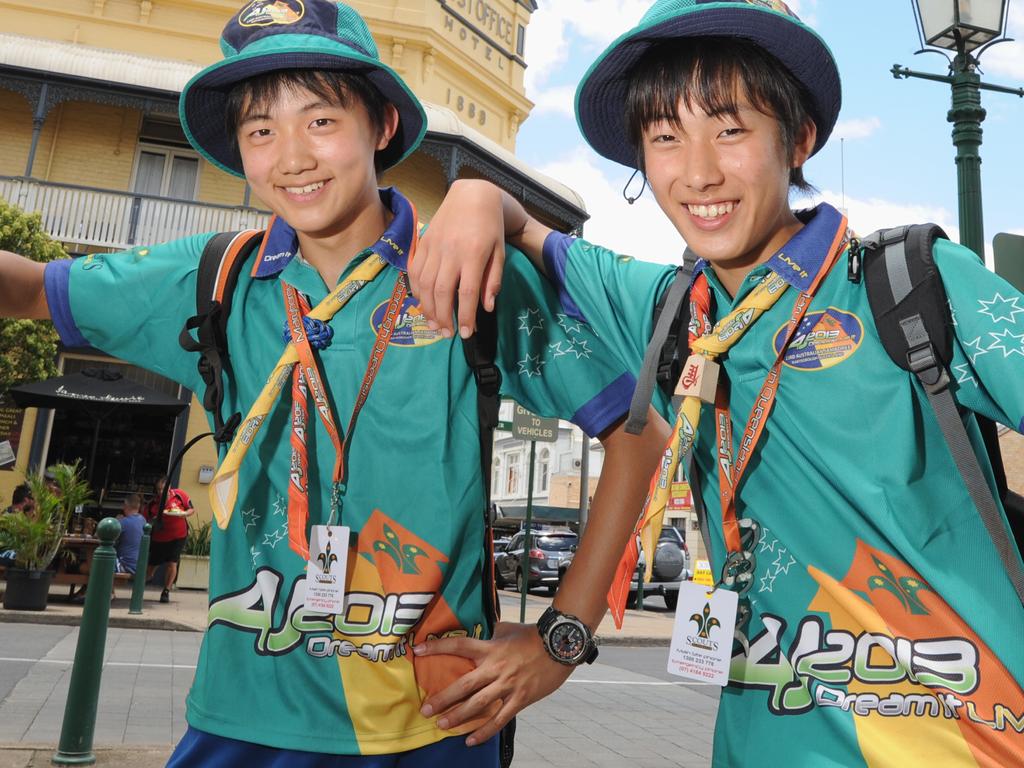 Japanese scouts Naoya Takahashi and Kaiji Takeyama at the 2013 Queensland Jamboree in Maryborough. Photo: Robyne Cuerel / Fraser Coast Chronicle